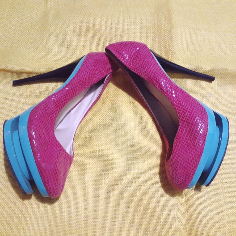 Neon pink and blue platform stiletto heels